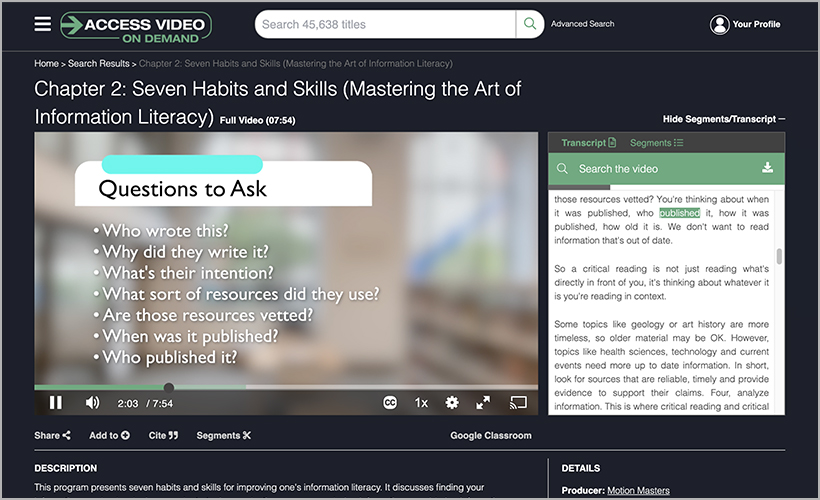 "Chapter 2: Seven Habits and Skills," available on Access Video On Demand