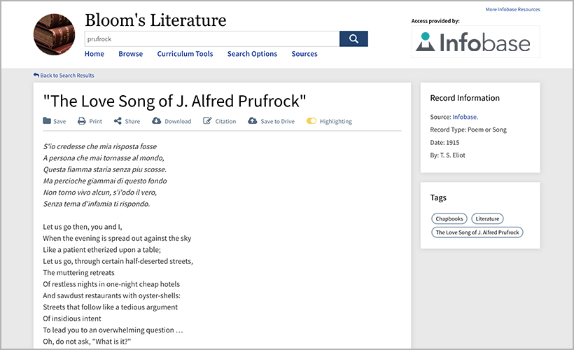"The Love Song of J. Alfred Prufrock" on Bloom's Literature