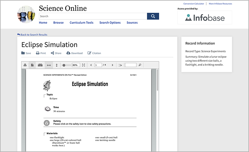 "Eclipse Simulation" experiment from Science Online