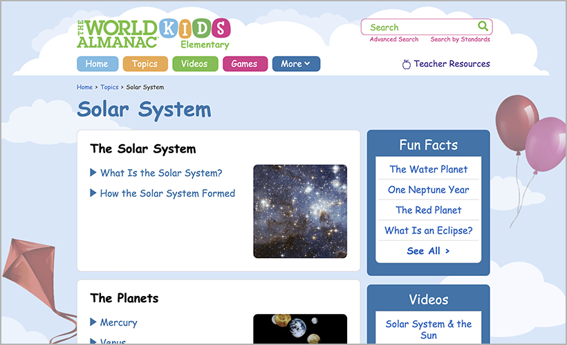 The Solar System topic area from The World Almanac® for Kids Elementary