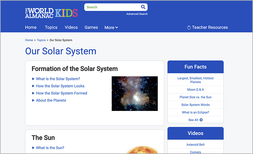 The Our Solar System topic area from The World Almanac® for Kids