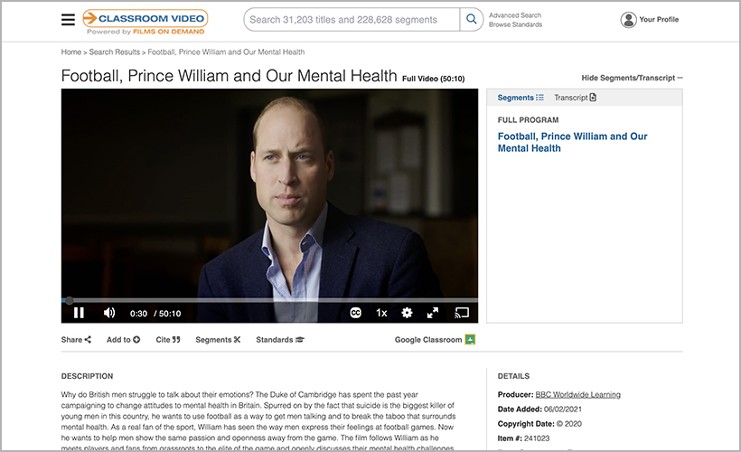 "Football, Prince William, and Our Mental Health," available on Classroom Video On Demand