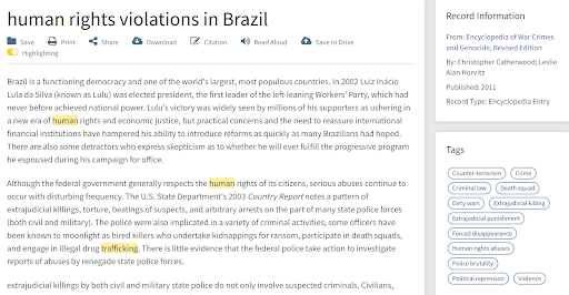 "human rights violations in Brazil" from Infobase's Modern World History database