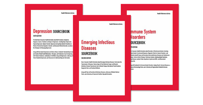 Sourcebooks on depression, emerging infectious diseases, and immune system disorders, all available via the Health Reference eBook Subscription