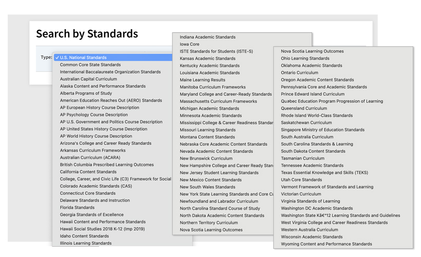 "Search by Standards" page, found on Infobase's History Research Center databases