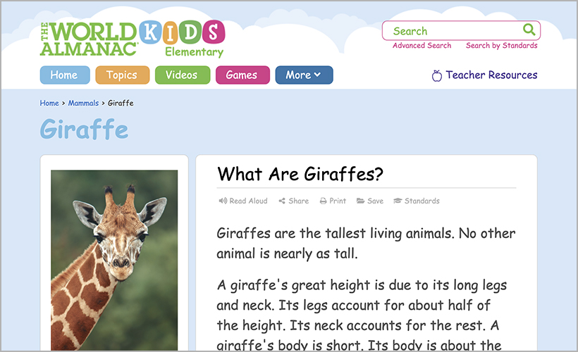 "Giraffes" from The World Almanac® for Kids Elementary
