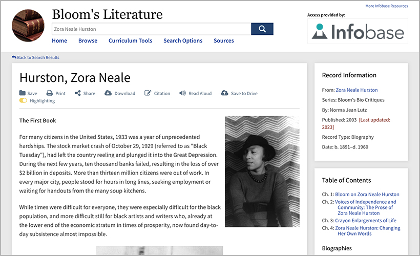 Zora Neale Hurston bio in Bloom's Literature