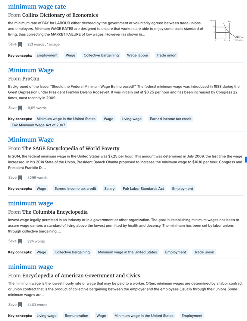 "minimum wage" search results on Credo Reference