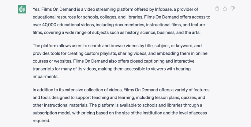 ChatGPT's answer to the question "Do you know anything about Films On Demand from Infobase?"