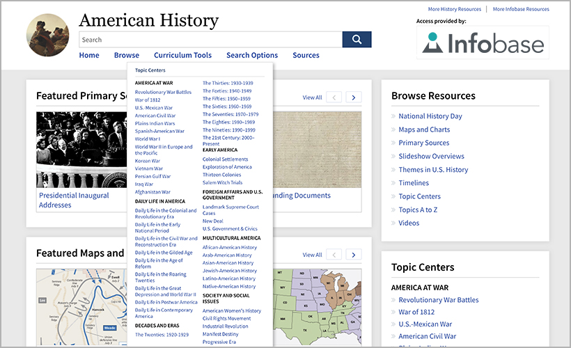 Topic Centers on Infobase's American History database