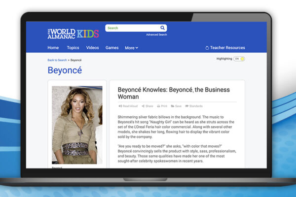 Page from book-length biography of Beyoncé from The World Almanac® for Kids