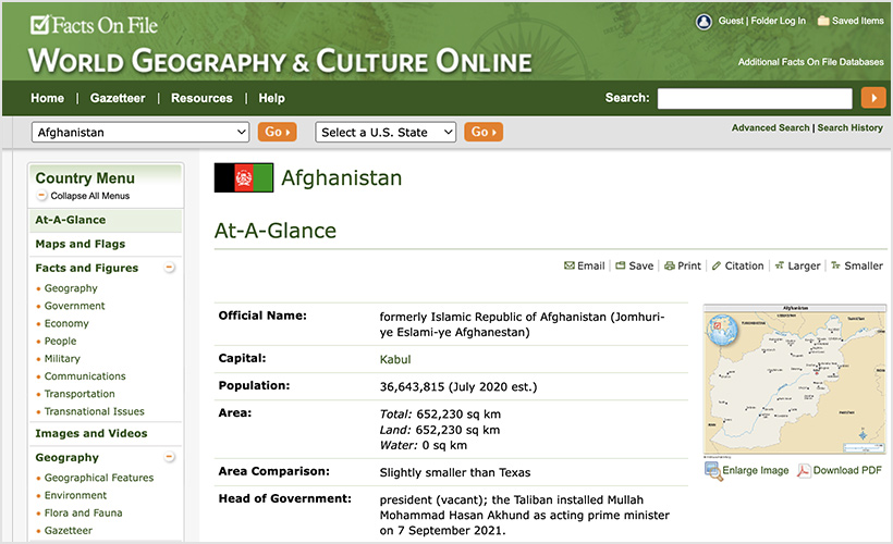 Afghanistan entry in the World Geography & Culture database