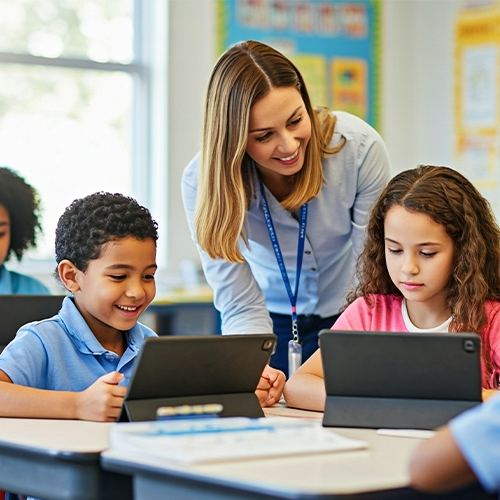 Teacher talking to students