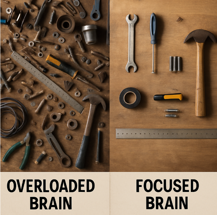 A simple visual split-screen. On the left, a messy, cluttered workbench with tools and parts everywhere, labeled "Overloaded Brain." On the right, a neat, organized workbench with only a few tools in use, labeled "Focused Brain."
