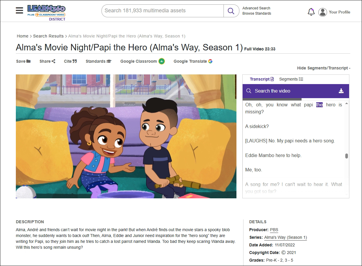 Screen capture of Alma's Movie Night episode