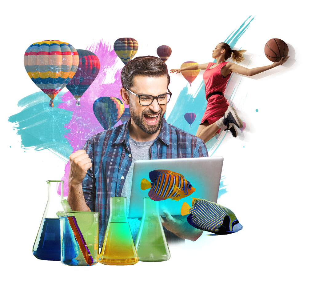 Collaged image, woman playing basketball, man looking at his laptop.